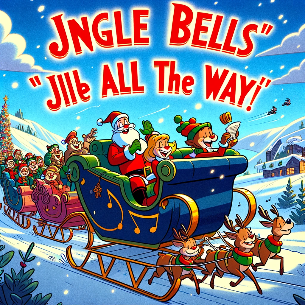 This one is more whoville-cartoony, with scare quotes on the lyrics: Jngle Bells" "Jlle All The Way!" Two indeterminate animal-people are riding in a sleigh with santa, while three very tiny reindeer pull the sleigh. The sleigh is followed (pursued?) by two more sleighs packed with indistinct people. (probably people). They have just passed a Christmas tree.