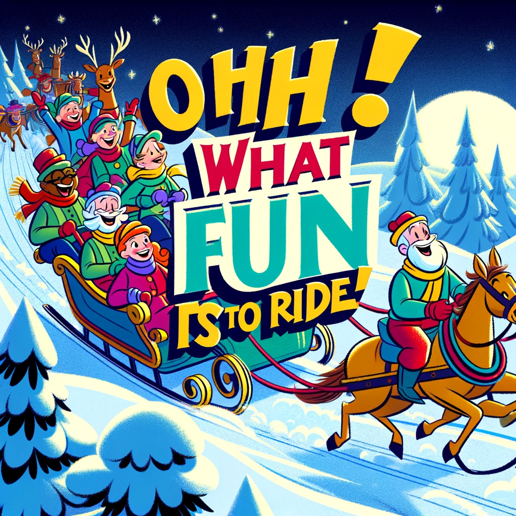The lyrics read "OHH! What FUN is to ride!". A person with a white beard rides a 5-legged horse, which pulls a sleigh filled with happy people and reindeer, and it's unclear how many of those entities are actually in the sleigh versus chasing it. Everyone seems happy. The art style is like the box of a 1960s children's board game.