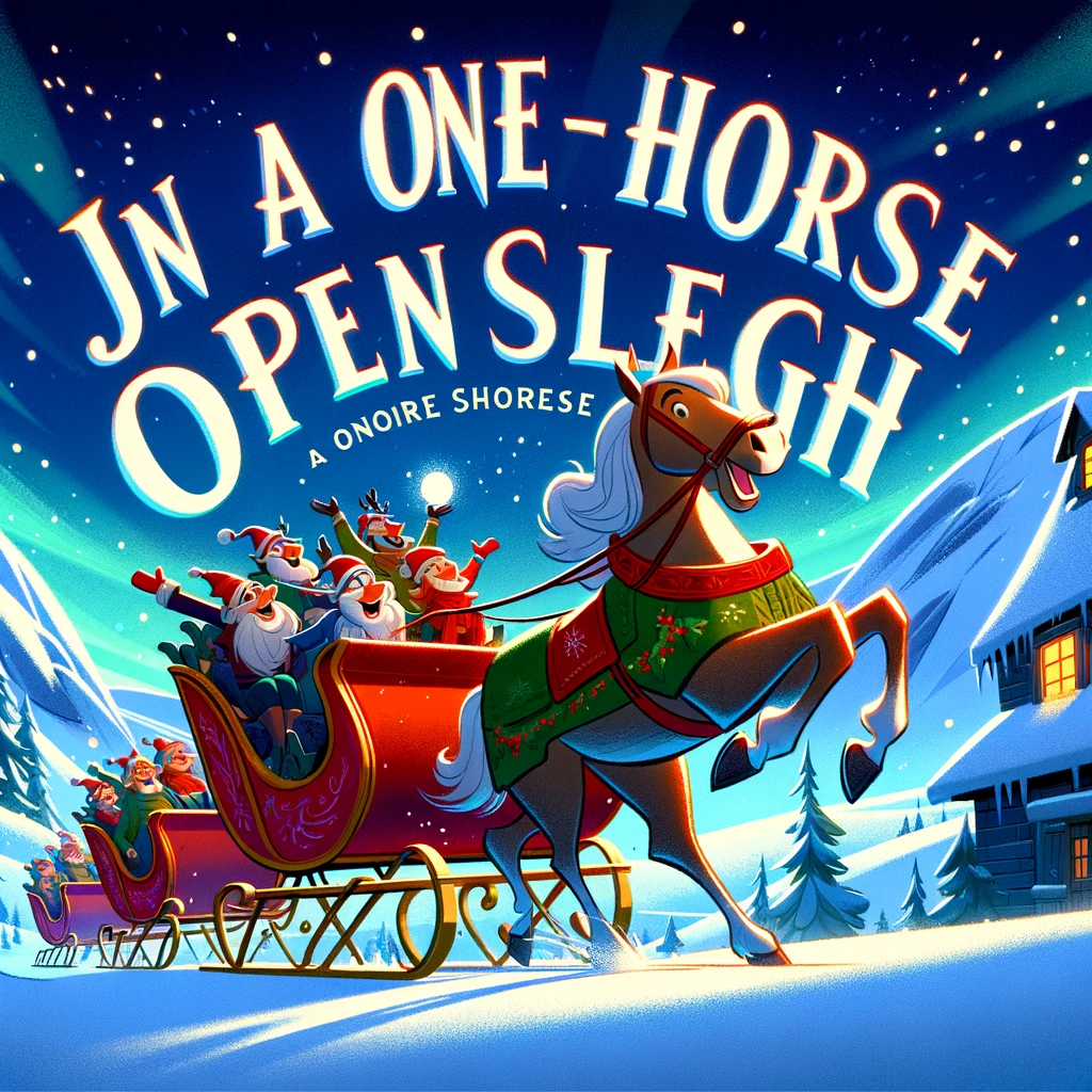Lyric reads "Jn a one-horse open slegh", and in much smaller font "A onoire shorese". A magnificent 5-legged 3-eared forse pulls the sleigh while also rearing. The sleigh is full of what I can best describe as santa-ducks, and they do seem festive. Behind that sleigh are two more, their passengers hard to make out. Are they people? Presents? Oh no, the horse has spotted you.