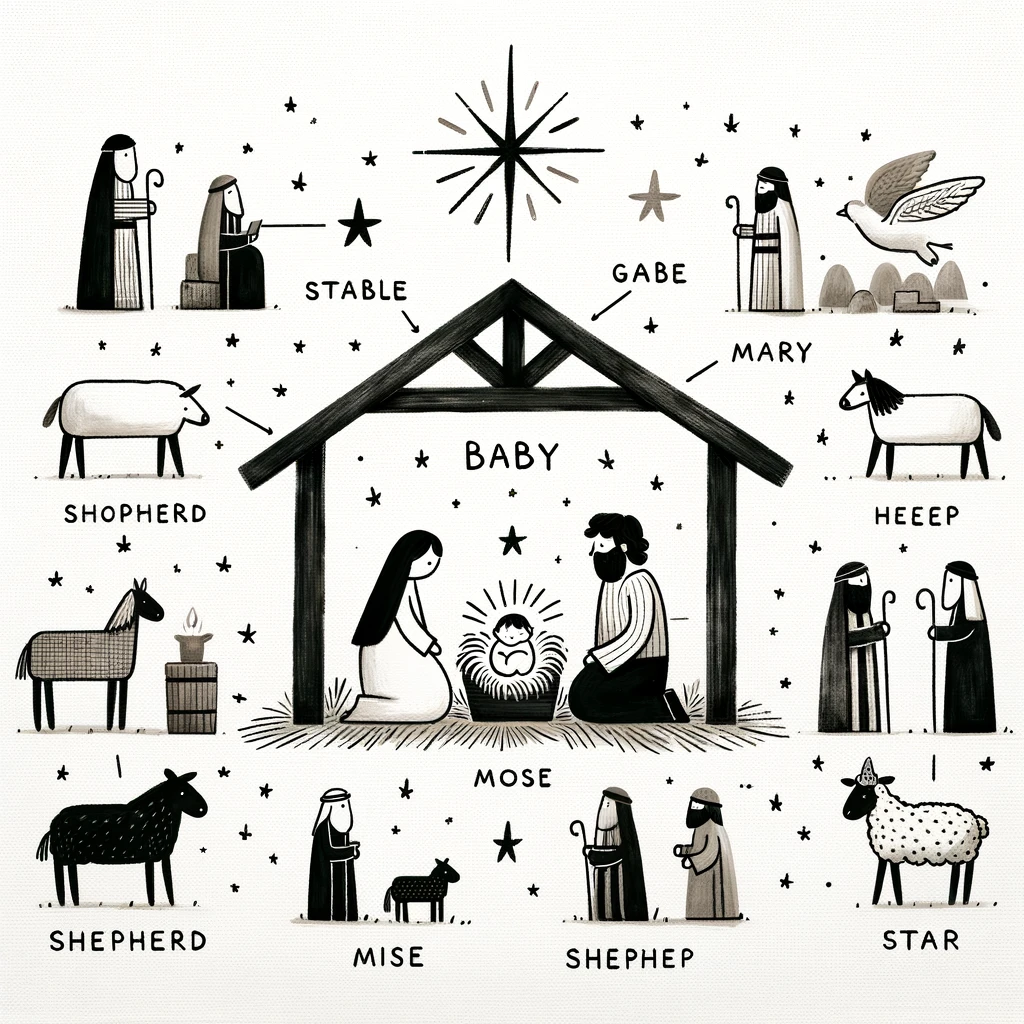 Simple cartoon-style black and white drawings that at first glance are obviously a nativity scene. There is a baby in the stable (labeled Baby) and the stable is labled Stable, Gabe, and Mary. A horse is labeled Heeep, and a long-legged big is labeled Shopherd. A black horse with a tiny tail is labeled Shepherd. A bearded figure next to a very tiny horse is labeled Mise. Two more bearded figures are Shephep. A sheep wearing a small spotted hat is labeled Star.
