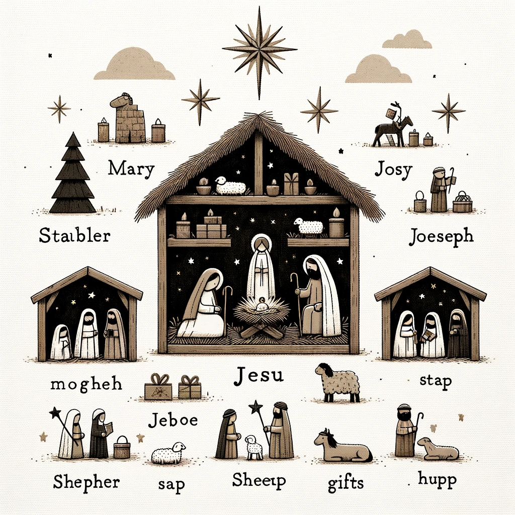 It's a sepia-toned cute-style drawing that looks at first glance like a nativity scene, except there are 5 stars and 3 barns. There is also a Trojan horse labeled Mary, a pine tree labeled Staibler, some kind of horse with shopping labeled Josy, and a shepherd with more shopping labeled Joeseph. On the shelves of the main stable there are sheep and presents and candles, and the Joseph and Mary in the stable are also carrying shepherd's crooks for good measure. Oddly the figures labeled Shepher are not carrying shepherd's crooks but wands with stars on the end. Some presents are labeled Jeboe, a horse is labeled Gifts, and a tiny sheep is labeled Sap. Another shepherd and sheep are labeled Hupp. There is a sheep with a horse's mane (unlabeled). The two auxilliary stables are labeled Mogheh and Stap.