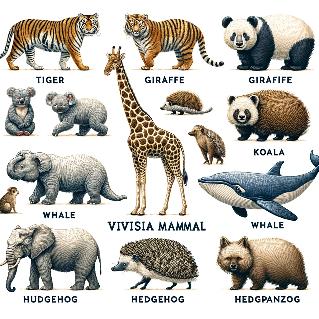 Colorful mammals in an old newsprint illustration style. There are two pretty good tigers; one is labeled tiger and the other is labeled giraffe. A panda with unusually small eye markings is also labeled giraffe. Another creature with a panda head and a shaggy woodchuck body is labeled Koala. There's one pretty good hedgehog labeled hedgehog, and an elephant right next to it labeled Hudgehog. A bear-terrier hybrid is labeled Hedgpanzog. There's an elephant-like creature labeled Whale; its ears and trunk are pretty small and its tail is thick like a dinosaur's.