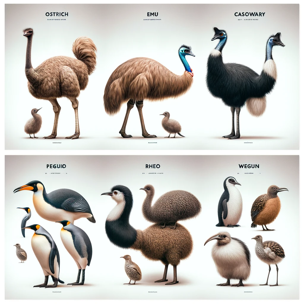 Ostrich: Actually a reasonable-looking female ostrich with maybe a perkier than usual tail and fluffier than usual thighs. Emu: Body looks like an emu but neck is blue and featherless like a cassowary's. Casowary: One can't help but notice it has two heads. Peguio: Obviously supposed to be emperor penguins but one has very long legs and another has a goose-like body shape. Rheo: A bird with small round body and an extravagantly enormous black and white neck. Perched on its back is a shaggy bird with tiny legs. Wegun: A variety of round birds, one of which looks like a penguin, and the others are unidentifiable speckled orbs.