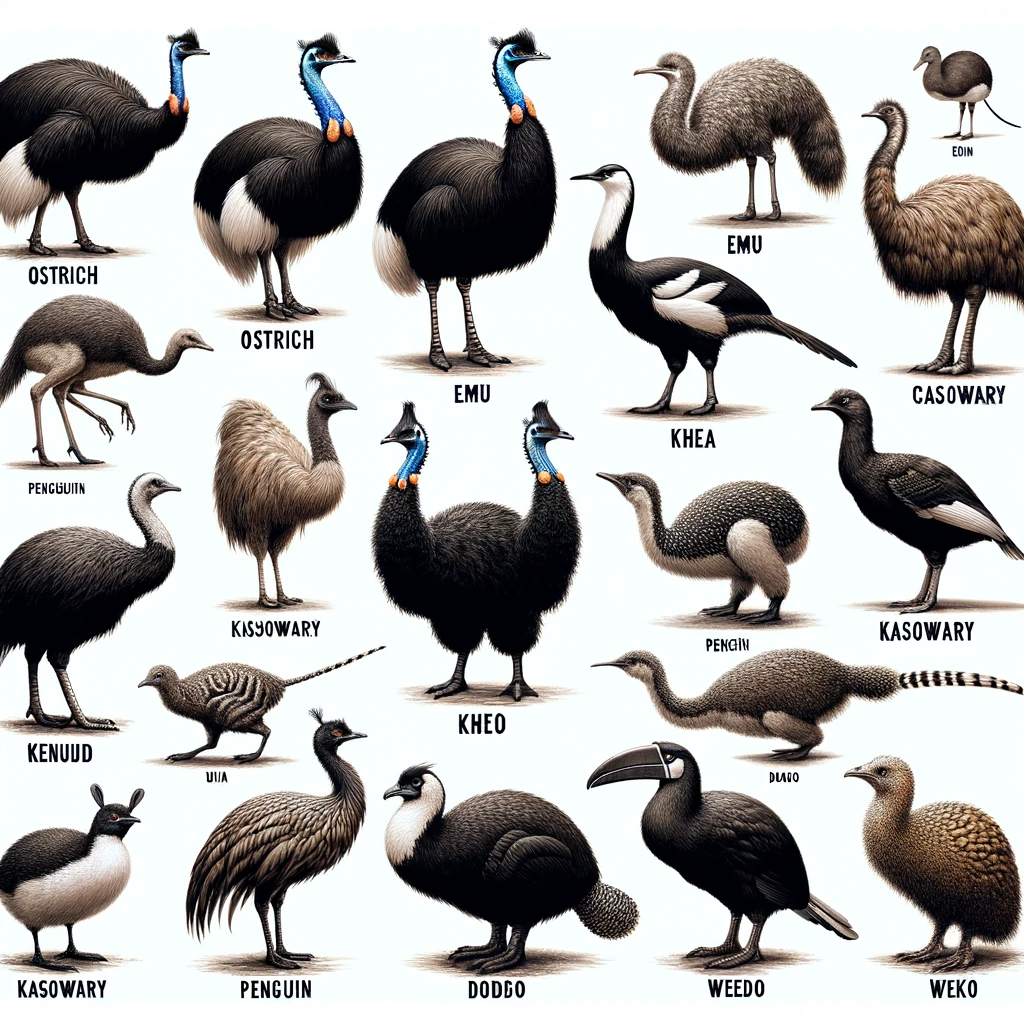 There are four cassowary things, none of which are labeled cassowary, and one of which has two heads facing in opposite directions. A long-legged bird labeled penguuitn is hunched over and has two creepy clawlike hands (or extra legs?) in front. There's an auklike "kasowary" with two adorable ear-tufts, and a tall long-feathered bird with a cute head-tuft labeled "penguin". A "weedo" has a toucan-like beak but is all black and white.