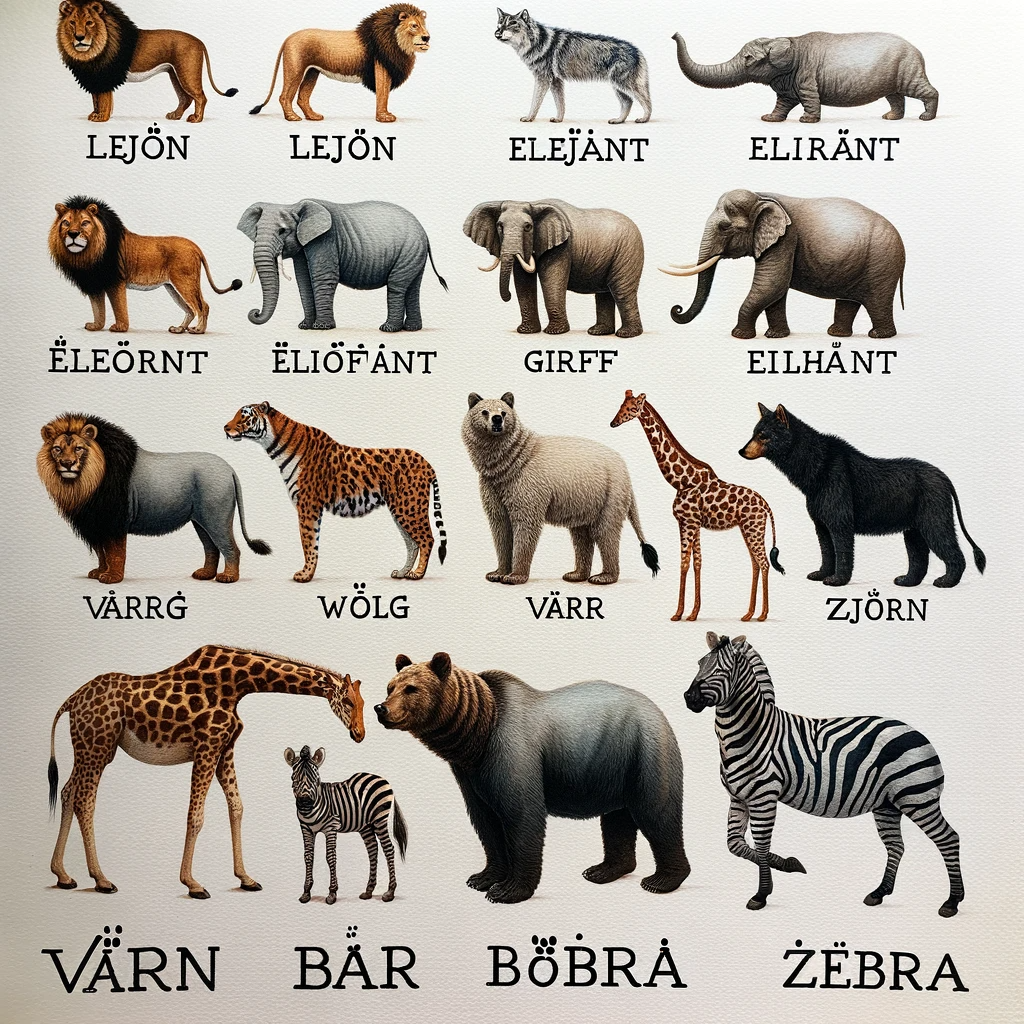 A bunch of mammals with labels. What stands out to me are the hybrid creatures. There's a black animal with a dog head and a lion body, and another creature with a tiger head on a leopard body. An elephant like creature has short sausage-dog legs and a huge trunk. As the image progresses from top to bottom, the labels have more and more umlauts on them, until by the last line the "Bobra" has an umlaut on the A, the B, and 5 on the O. The "Bar" (which labels a zebra) seems to have six umlauts, although the bottom two are fused to the A.