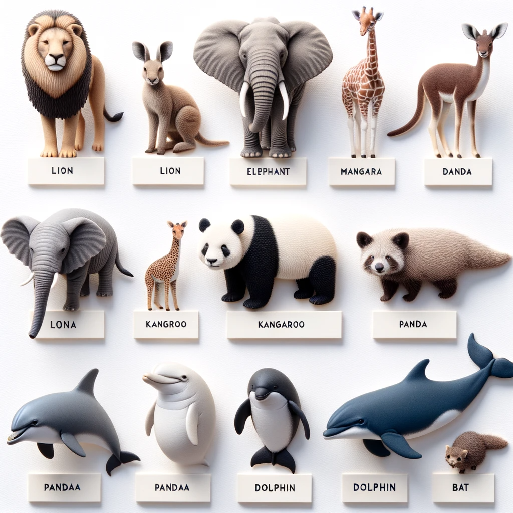 A group of labeled mammals in a style like 3D modeling. Two dolphins, a lion, and an elephant are correctly spelled and labeled. Other animals are recognizable but mislabeled (a giraffe labeled Mangara and another named Kangroo; A panda labeled Kangaroo, two dolphins labeled Pandaa). There's a raccoon-like creature with a short thick tail labeled Panda. There's an antelope with a thick catlike tail and a single short giraffe horn labeled Danda. An elephant with three short legs is labeled Lona. And some small round rodent with a thick tail (maybe a porcupine without its quills) is labeled Bat.