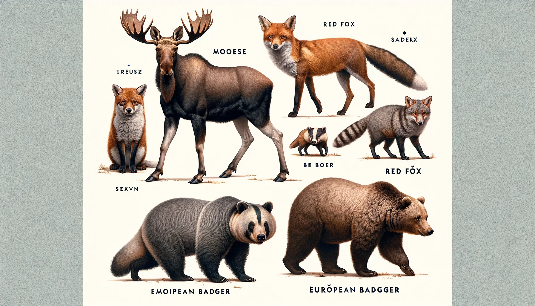 A moose labeled "mooese", a fox labeled "red fox" and "saderx" and another labeled "ureusz" (there is an umault on the u). Another red fox (but grey with a striped tail) is labeled "red fox" and the o has an umlaut. There's a grey bear with a long luxurious bushy tail, a black stripe on its forehead, and panda eyes labeled "emoipean badger". And a pretty normal-looking brown bear labeled "European badgger" with umlauts on two of the e's and one of the o's.