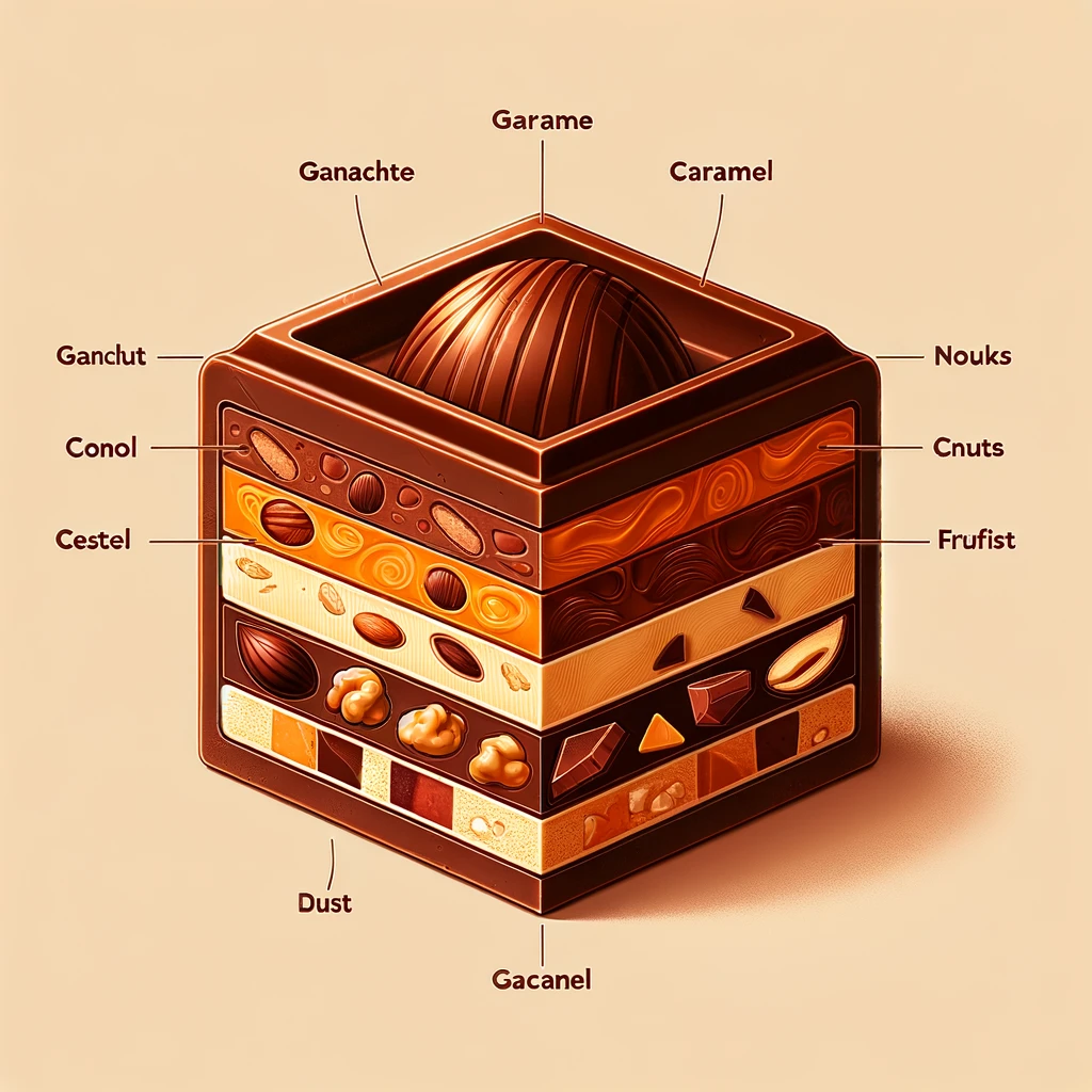 A single chocolate candy shown in cross section. The cross section reveals that the candy contains at least 5 distinct layers, one of which contains whole almonds, and another of which seems to contain entire individual additional candies. Layers have labels such as Nouks, Cnuts, Frufist, Ganachte, Conol, Cestel, Ganclut, and Caramel. Also the blank ground beneath the candy is labeled Dust.