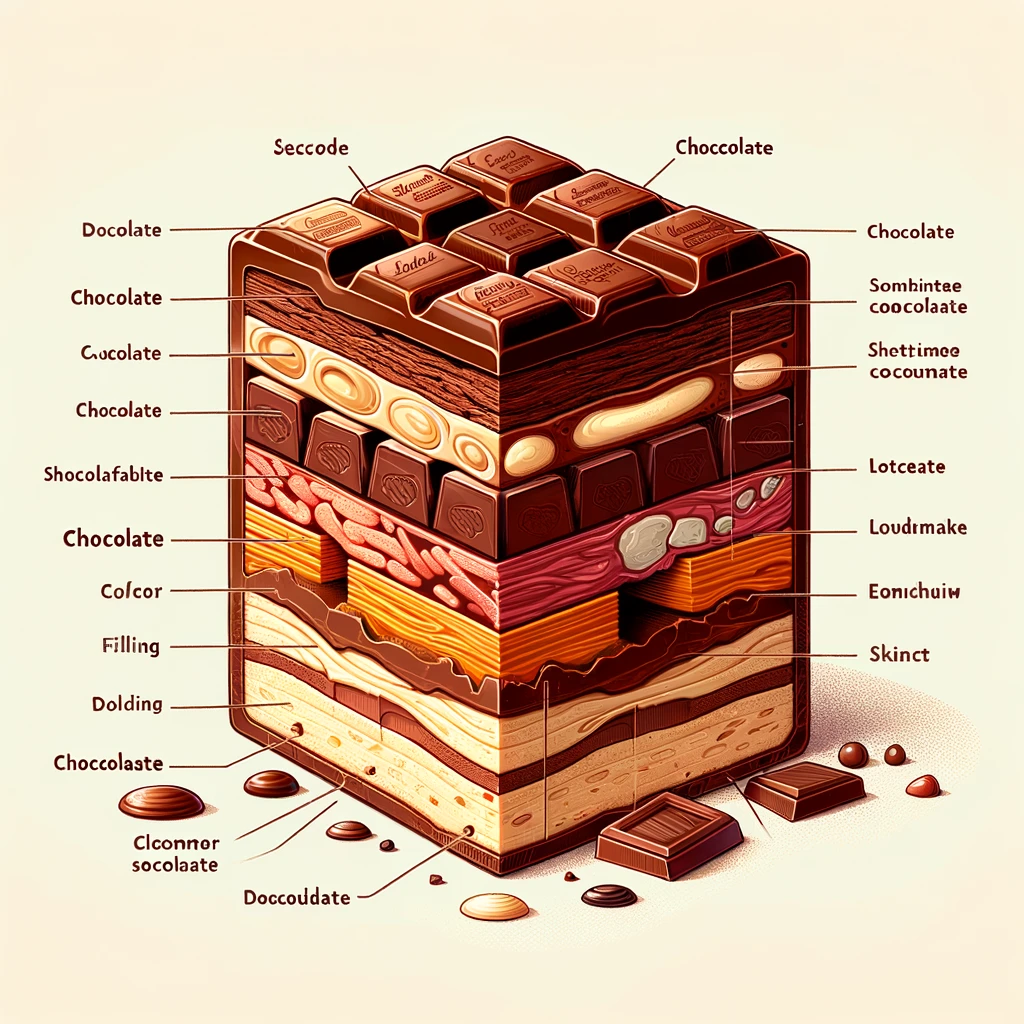 A cross section of a chocolate candy showing at least 9 distinct layers. Some layers seem to contain complete other chocolates. Another (labeled choccolaate) seems to be maybe nougat. One layer looks suspiciously like raw muscle with chunks of bone (it's labeled lotceate), and the one below it also looks weirdly organic and fibrous (it's labeled somhintae coocolaate).