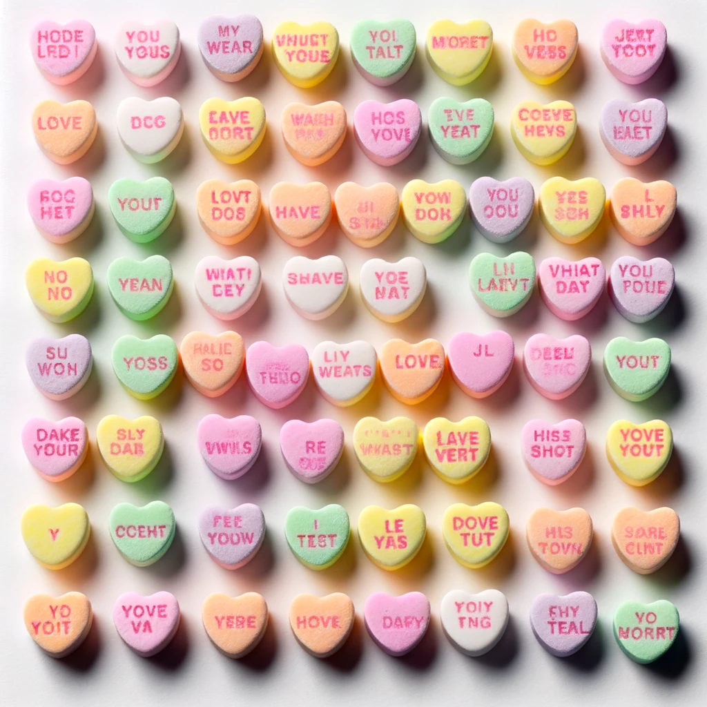A grid of pastel-colored candy hearts with messages stamped on them (with varying degrees of blurriness). A sampling of the messages included: You yous, My wear, jert toot, love, eave dort, Have, you oou, no no, shave, yoss, Lave vert, hiss shot, y, i test, le yas, dove tut, yo morrt, and hove.