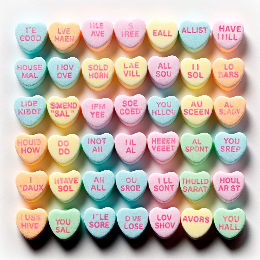 A grid of candy hearts with messages more or less clearly stamped on them. A sampling of the messages: I'e good, lve haen, Eall, Have iiill, House mal, sold horn, all sou, ii sol, do do, heeen veeet, al spont, an all, you hall, and avors.