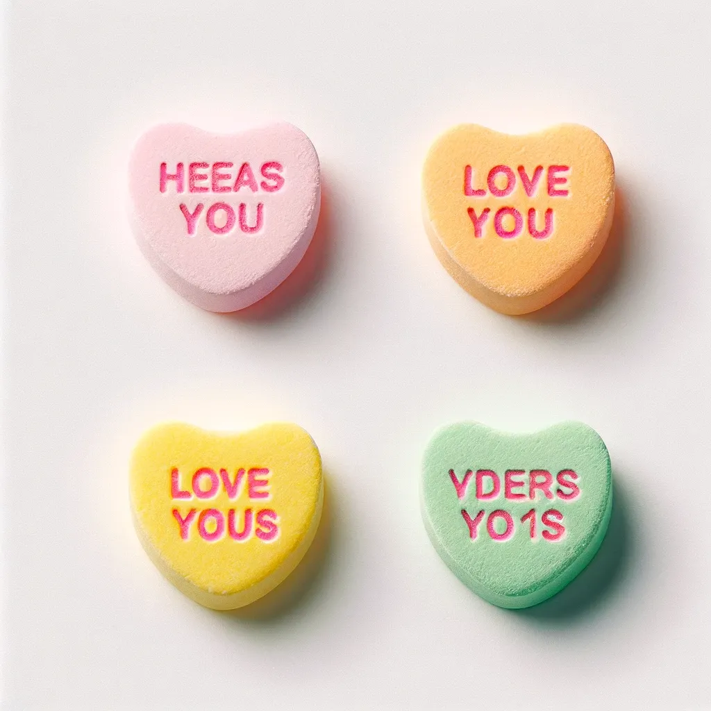 Four candy hearts in crisp focus with messages clearly and evenly stamped on them. They read "Love you", "Love yous", "Heeas you", and "Vders Yo1s"