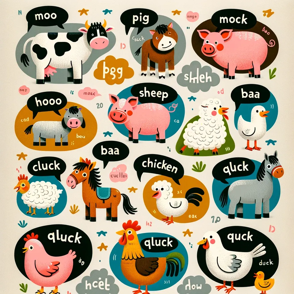 A set of cartoon farm animals with speech bubbles, most of them very incorrect. At the upper left a cow says moo, and that's as good as it gets. A pig-shaped horse says "pig", and a pig-shaped pig says "mock". A very stubby donkey with long floppy ears says "hooo". A pig with a white mane says "sheep". A three-legged sheep witha chicken face says "shleh", while the seagull next to it says "baa". There is a sheep with four chicken legs and a chicken head that looks startled, and a chicken with a woolly sheep head that says chicken. A horse says baa, while another horse says quck. A slick pink chicken says qluck, an ordinary rooster says qluck, and a seagull-patterned chicken says quck. Scattered throughout the background are short numbers and phrases, mostly illegible.