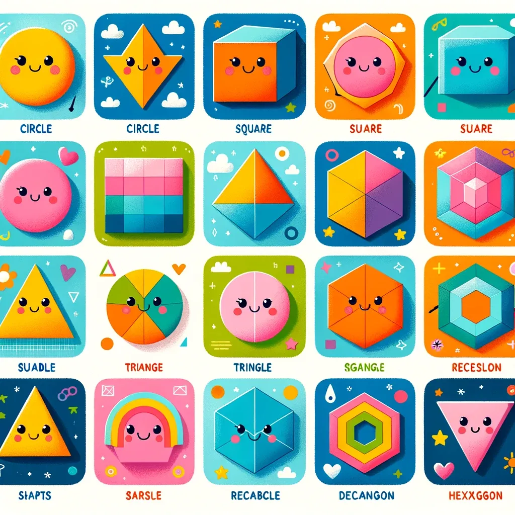 A grid of cheerful cartoon shapes, each with labels. At the upper left is a correctly labeled circle. At the upper middle is a cube labeled 