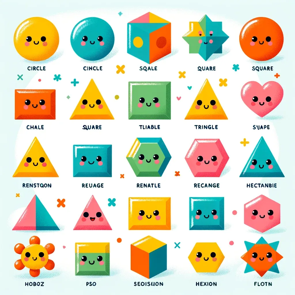 A grid of colorful shapes with cheerful faces, each labeled with a name. The only correctly labeled shape is a circle at the upper left. The only other correctly spelled shape is "square" at the upper right that unfortunately is labeling a circle. Other labels include chale (a rectangle), tliable (a rectangle), renatle (a hexagon), hectanbie (a triangle), and pso (a two-colored rectangle). Hoboz labels a six-lobed sun shape, and flotn labels an eight-pointed star. Seoisuon appears to be a 3D cube.