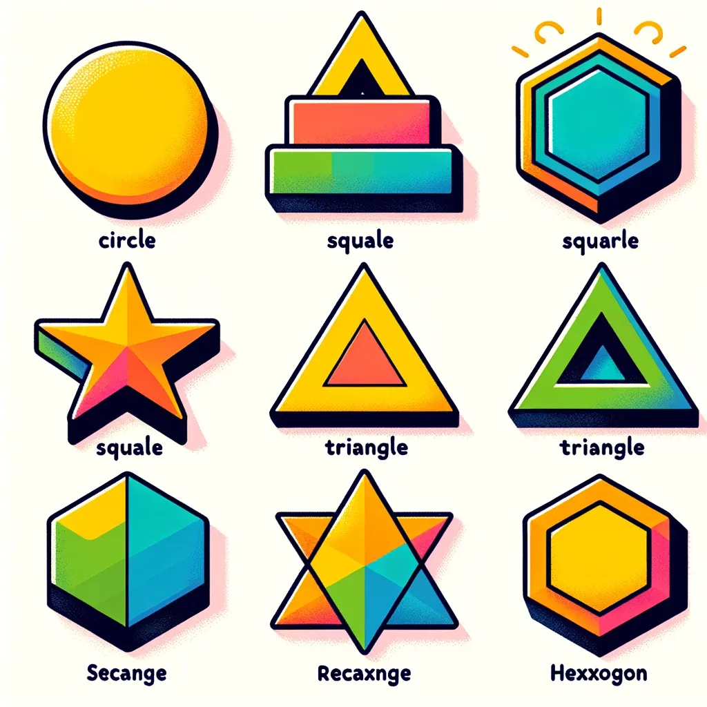 At the upper left, a yellow circle labeled "circle". Next to it, a triangle sitting on two rectangles, labeled "squale". Next to that is a hexagon labeled "squarle" with golden lines and curls radiating from its top. Next row has a star labeled "squale" and two triangles labeled "triangle". Bottom row has a hexagon labeled "secange", a star labeled "recaxnge", and a hexagon labeled "hexxogon".