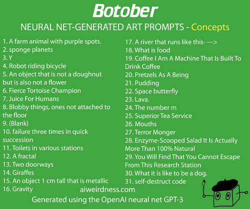 1. A farm animal with purple spots. 2. sponge planets 3. Y 4. Robot riding bicycle 5. An object that is not a doughnut but is also not a flower 6. Fierce Tortoise Champion 7. Juice For Humans 8. Blobby things, ones not attached to the floor  9. (Blank) 10. failure three times in quick succession 11. Toilets in various stations 12. A fractal 13. Two doorways 14. Giraffes 15. An object 1 cm tall that is metallic 16. Gravity 17. A river that runs like this- ---> 18. What is food 19. Coffee I Am A Machine That Is Built To Drink Coffee 20. Pretzels As A Being 21. Pudding 22. Space butterfly 23. Lava. 24. The number m 25. Superior Tea Service 26. Mouths 27. Terror Monger 28. Enzyme-Scooped Salad It Is Actually More Than 100% Natural 29. You Will Find That You Cannot Escape From This Research Station 30. What it is like to be a dog. 31. self-destruct code