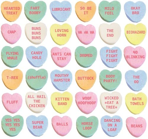 STANK LOVE, BEAR WIG, and other sayings from AI-generated candy hearts