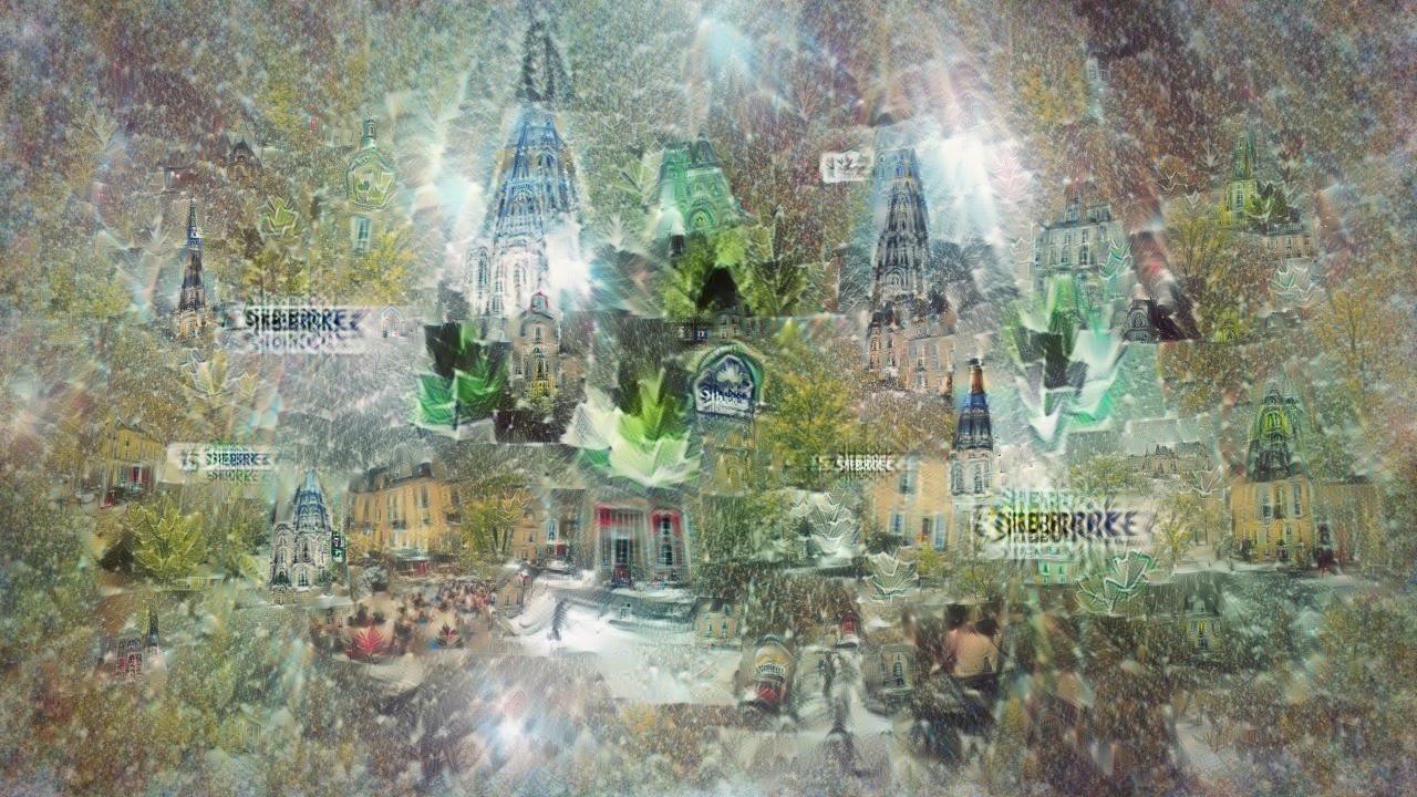 A gleaming city with spires and yellow-walled streets, with strange sparkling green crystals everywhere. Barely visible in several places is the word Sherbrooke. A gleaming city with spires and yellow-walled streets, with strange sparkling green crystals everywhere. Barely visible in several places is the word Sherbrooke.