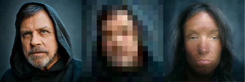 Left: Luke Skywalker (The Last Jedi, probably) in a blue hood. Center: Highly pixelated version of the lefthand image. Right: Restored image is a white person facing the camera straight on - instead of a hood, they have wispy hair, and the lips are where Luke’s chin used to be. Left: Luke Skywalker (The Last Jedi, probably) in a blue hood. Center: Highly pixelated version of the lefthand image. Right: Restored image is a white person facing the camera straight on - instead of a hood, they have wispy hair, and the lips are where Luke’s chin used to be.