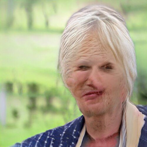 Portrait of a person with wispy grey hair, a blue blazer, and an apron. The blazer’s pattern is repetitive, the hair texture is repetitive, and even the person’s wrinkles are repetitive. Portrait of a person with wispy grey hair, a blue blazer, and an apron. The blazer’s pattern is repetitive, the hair texture is repetitive, and even the person’s wrinkles are repetitive.