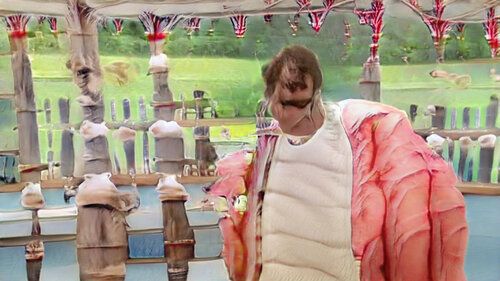 Another view of the bakeoff tent with rather nice bunting. There’s periodic fenceposts everywhere, apparently topped with meringues. The person is very large and has repetitive wrinkles like the segments of a grub. They’re wearing some kind of blazer but have too many arms. Another view of the bakeoff tent with rather nice bunting. There’s periodic fenceposts everywhere, apparently topped with meringues. The person is very large and has repetitive wrinkles like the segments of a grub. They’re wearing some kind of blazer but have too many arms.