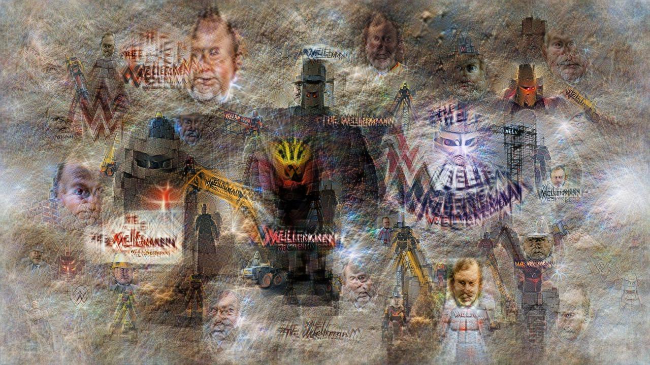 Collage of ominous dark helmeted and caped figures (they kind of look like Lord Buckethead), some bright yellow cranes, and some faces that look like middle-aged white men. "Wellerman" is written in several places as a semi-legible logo. Collage of ominous dark helmeted and caped figures (they kind of look like Lord Buckethead), some bright yellow cranes, and some faces that look like middle-aged white men. "Wellerman" is written in several places as a semi-legible logo.