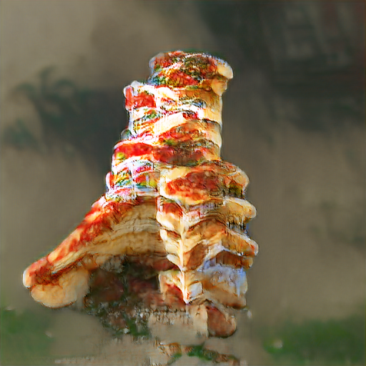 A sloppy pizza-textured pile that's approximately 8 pizza thicknesses tall A sloppy pizza-textured pile that's approximately 8 pizza thicknesses tall