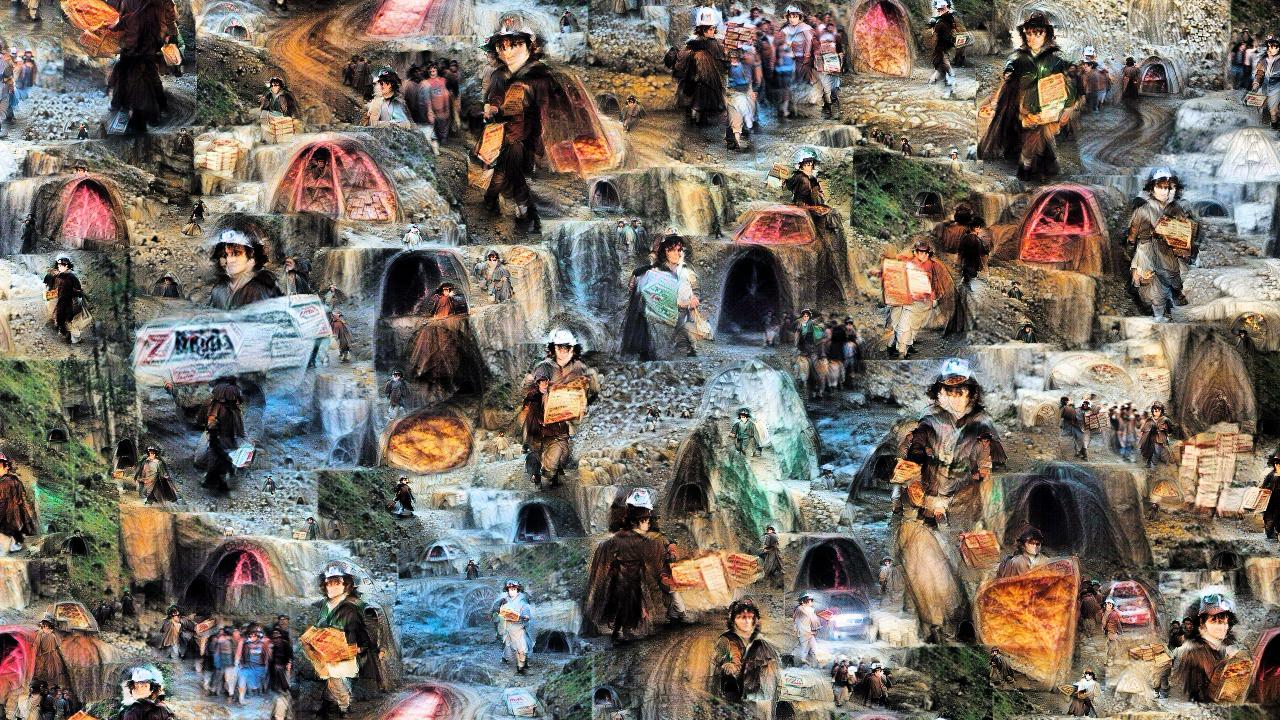 It's a confusing jumble of Frodo Bagginses, all cloaked, some in pizza delivery caps, many bearing pizzas or boxes, striding out from the ominous openings of many mines It's a confusing jumble of Frodo Bagginses, all cloaked, some in pizza delivery caps, many bearing pizzas or boxes, striding out from the ominous openings of many mines