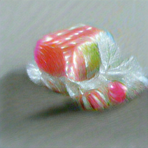 Some kind of pink and green striped hard candy nestled in cellophane Some kind of pink and green striped hard candy nestled in cellophane