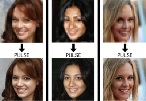 Three pixellated faces are turned into higher-resolution versions. The higher-resolution images look pretty realistic, even if there are small weirdnesses about their teeth and hair Three pixellated faces are turned into higher-resolution versions. The higher-resolution images look pretty realistic, even if there are small weirdnesses about their teeth and hair