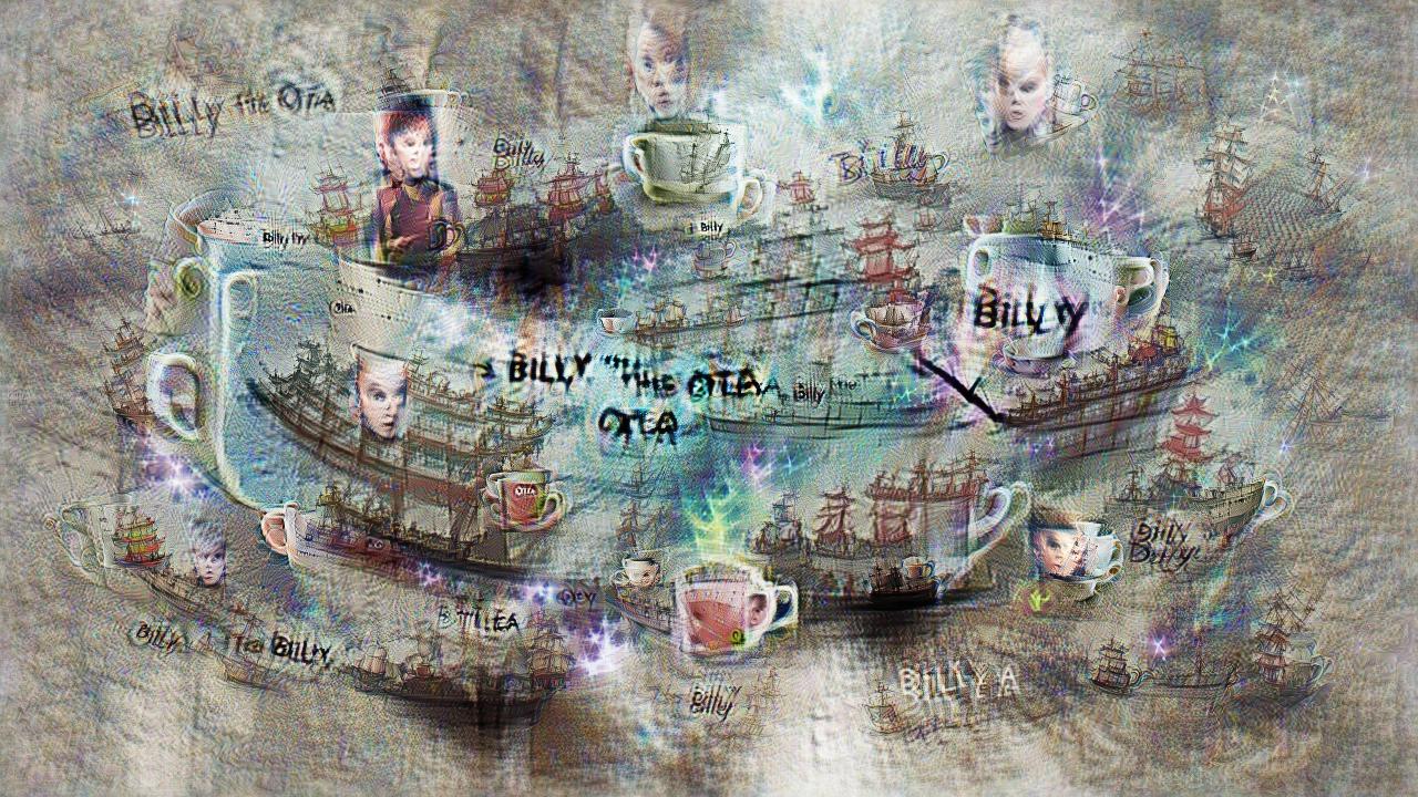 Classic sailing ships are interspersed with mugs of tea and pale young faces. Billy O Tea is written in fragmented form here and there. Classic sailing ships are interspersed with mugs of tea and pale young faces. Billy O Tea is written in fragmented form here and there.
