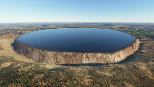 An incredibly steep-sided mesa is topped with a mirrorlike lake stretching out to its edge. The mesa walls are probably thousands of feet tall. An incredibly steep-sided mesa is topped with a mirrorlike lake stretching out to its edge. The mesa walls are probably thousands of feet tall.