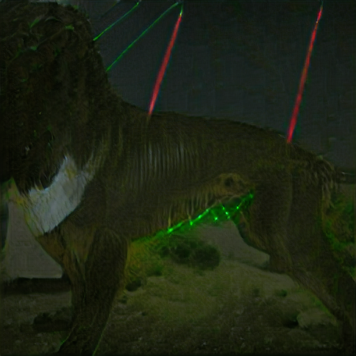 It might be some kind of boxer dog - its head is indistinct. In the background are red and green laser beams. There's green laser light on the dog's belly fur. It might be some kind of boxer dog - its head is indistinct. In the background are red and green laser beams. There's green laser light on the dog's belly fur.