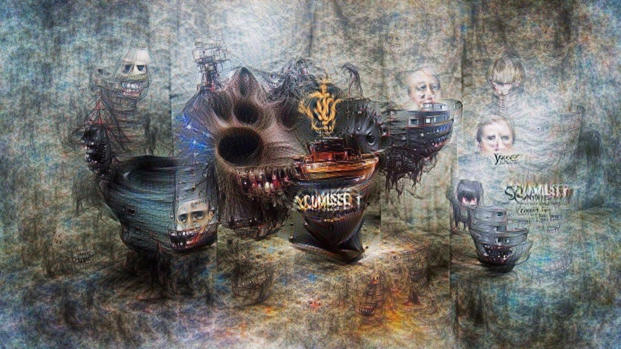 Skeletal faces grin above old-style sailing ships made of shadowy mist. In several places the mist is sucked into huge dark voids. Skeletal faces grin above old-style sailing ships made of shadowy mist. In several places the mist is sucked into huge dark voids.