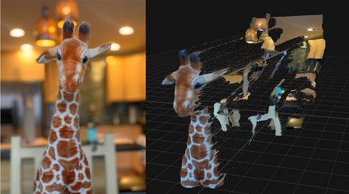 Plush giraffe in front of a kitchen. The giraffe is now in focus, and the background looks artistically blurred. Right: Depth map showing that the giraffe is indeed in the foreground. Plush giraffe in front of a kitchen. The giraffe is now in focus, and the background looks artistically blurred. Right: Depth map showing that the giraffe is indeed in the foreground.