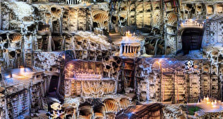 Image is an intricate tangle of bone-covered bookcases and piles of skulls. Image is an intricate tangle of bone-covered bookcases and piles of skulls.