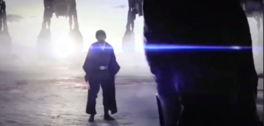 luke standing facing kylo, with at-ats in the backgrounnd luke standing facing kylo, with at-ats in the backgrounnd