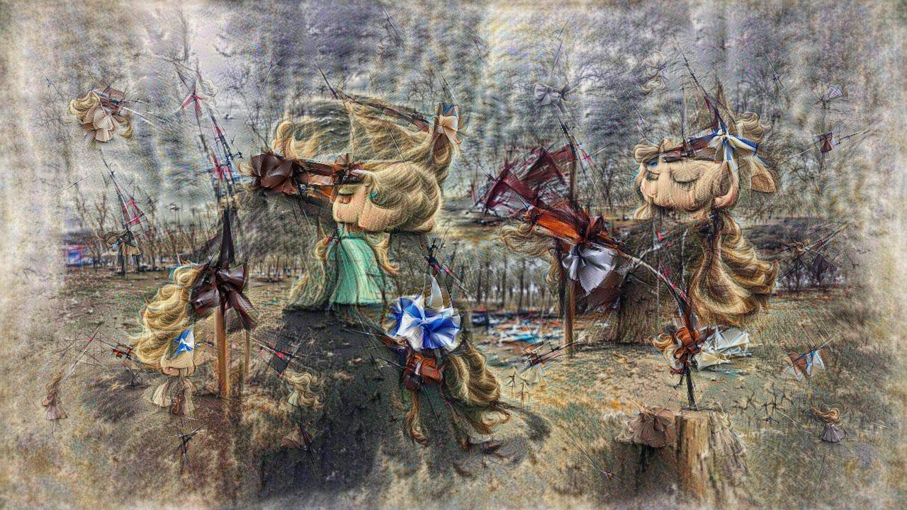 A windswept landscape with tresses of blond hair everywhere, along with what might be ruffled bows. A windswept landscape with tresses of blond hair everywhere, along with what might be ruffled bows.