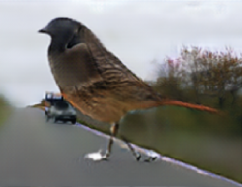 There is a 20-foot bird with two giraffe feet crossing the road There is a 20-foot bird with two giraffe feet crossing the road