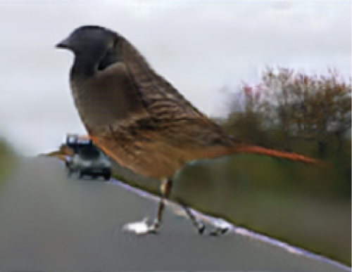 There is a 20-foot bird with two giraffe feet crossing the road