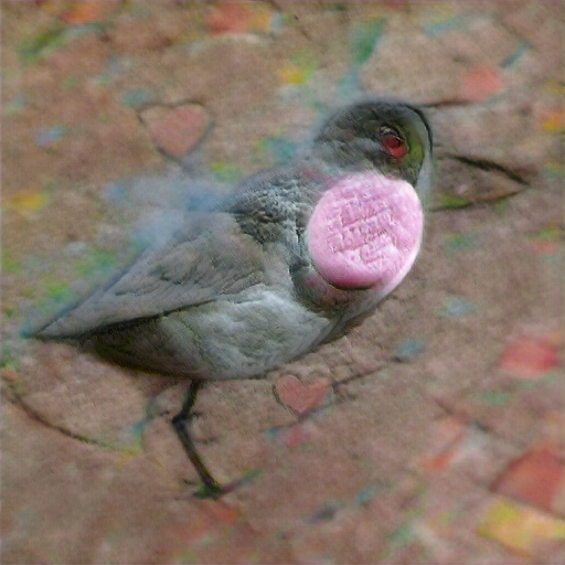 The bird might be some sort of shorebird? The candy is an embossed circle on its breast, embossed with three lines of illegible text.