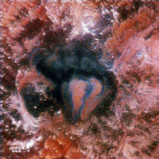 A red feathered organic background with black sooty lumps surrounding two red shapes that maybe resemble human organs? Definitely looks very organic.