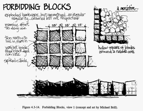 Forbidding Blocks: house-sized irregularly-shaped blocks arranged in a grid 2 meters apart. “Very hot inside, from black dyed concrete”, “spiked outside”, “too narrow to live in, farm in” (concept and art by Michael Brill) Forbidding Blocks: house-sized irregularly-shaped blocks arranged in a grid 2 meters apart. “Very hot inside, from black dyed concrete”, “spiked outside”, “too narrow to live in, farm in” (concept and art by Michael Brill)