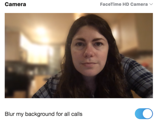 “Blur my background for all calls” mode in Skype. Janelle’s head and shoulders are in focus and the background is blurred out.
“Blur my background for all calls” mode in Skype. Janelle’s head and shoulders are in focus and the background is blurred out.
