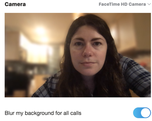 
“Blur my background for all calls” mode in Skype. Janelle’s head and shoulders are in focus and the background is blurred out.