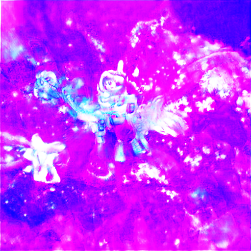 The background is vividly magenta and two figures in the foreground might be ponies, and one of them might even be in a space helmet with a unicorn horn. Definitely requires some imagination. The background is vividly magenta and two figures in the foreground might be ponies, and one of them might even be in a space helmet with a unicorn horn. Definitely requires some imagination.