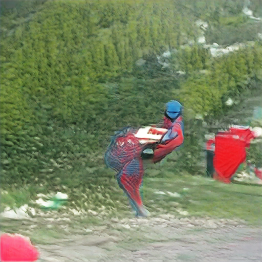 Lush green in the background, and a red and blue bipedal figure in the foreground. Body shape and legs more closely resemble an emu than anything else. Maybe that's a rectangle of pizza on its back?