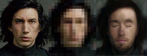 Left: Kylo Ren cropped tightly to the head. Center: Pixelated version of the picture on the left. Right: Reconstructed version looks a bit like that one photo of Jon Snow with closed eyes. 
