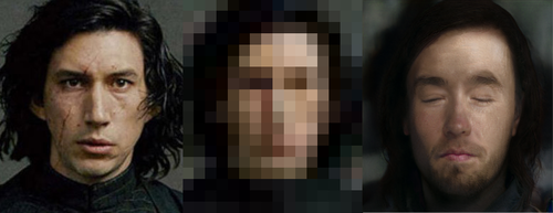 Left: Kylo Ren cropped tightly to the head. Center: Pixelated version of the picture on the left. Right: Reconstructed version looks a bit like that one photo of Jon Snow with closed eyes.
Left: Kylo Ren cropped tightly to the head. Center: Pixelated version of the picture on the left. Right: Reconstructed version looks a bit like that one photo of Jon Snow with closed eyes.